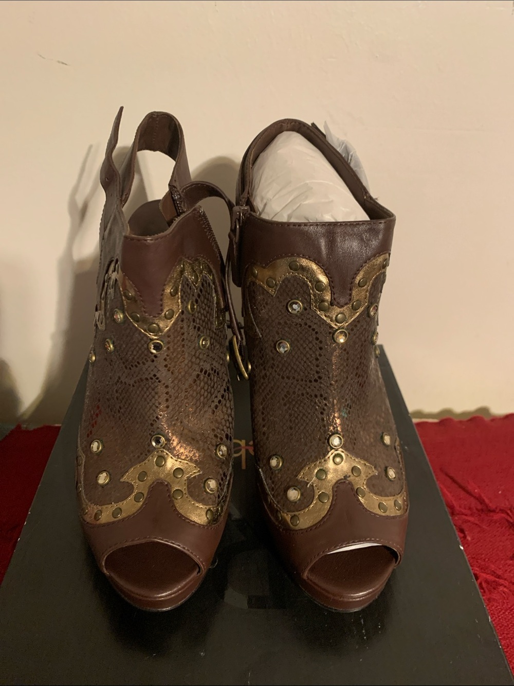 Reba Brown Leather Peep-Toe Studded Slingback Heels